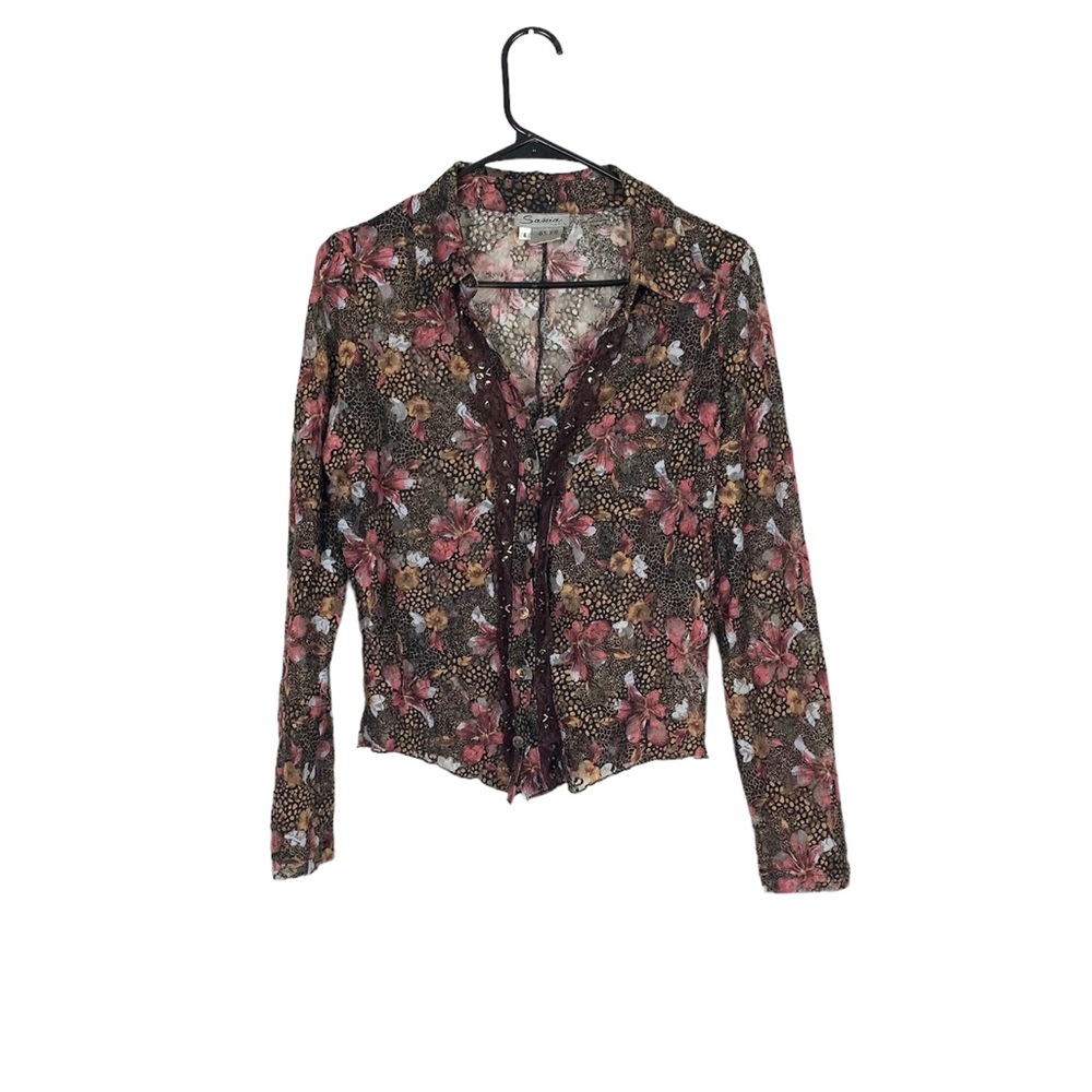 Vintage Sassia Paris oasis button front floral sheer blouse size 4 whimsical